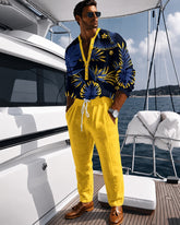 S-3XL Tropical Palm-Leaf Print Henley-Neck Shirt And Drawstring Pants Two-Piece Set