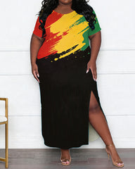 Women's Large Size Red Yellow Green Gradient Stroke Contrast Side Split Short Sleeve Long Skirt