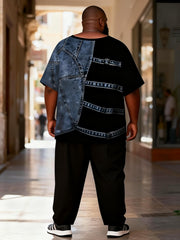 Big & Tall Men's Black And Blue Denim Patchwork Printed T-Shirt Pants Set