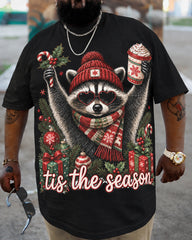 Big & Tall Men's Christmas Funny Raccoon Retro Animal Cotton T-Shirt