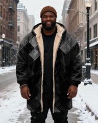 Big & Tall Men's Black White Dot Diamond Velvet Thickened Long Hooded Coat