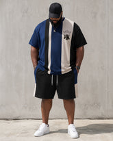 Big & Tall Men's Blue And White Vertical Stripe Crown Printed Round Neck Short Sleeve T-Shirt Shorts Set