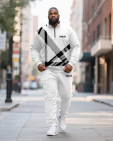Big & Tall Men's Black And White Geometric Letter Printed POLO Collar Zipper Long Sleeve Pants Two-piece Set