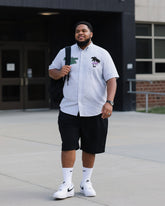 Big & Tall Men's Daily Leisure. Original Design Academy Wind Letters. Blue Pinstripes. Printed Short Sleeve Shirt Shorts Suit