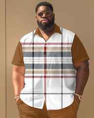 Big Men's Classic Plaid Stitching Print Short Sleeve Shirt Shorts Set