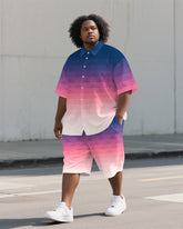 Big Guy's Pink Theme Layered Gradient Style 2-Piece Short-Sleeve Shirt & Shorts Suit
