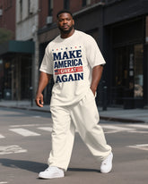 Men's Casual Simple American Sayings Printed Big & Tall Short Sleeve T-shirt Pants Suit