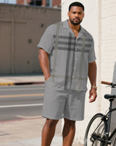 Men's Plus Size Gray Big Plaid Short Sleeve Shirt Shorts Suit