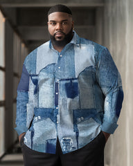Big & Tall Men's Casual Ripped denim Print Lapel Long Sleeve Shirt