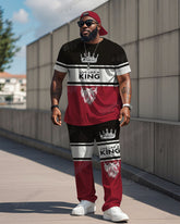Men's Plus Size Black And Red Color Block Letter Print T-shirt Trousers Suit