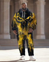 Men's Street Fashion Yellow And Black Graffiti Skull Plus Size Hoodie Suit