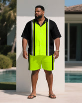 Men's Plus Size Bright Green Colorblock Black Fashion Short Sleeve Shirt Shorts Suit
