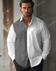 Men's Plus Size Color Matching Houndstooth Lapel Long Sleeve Shirt