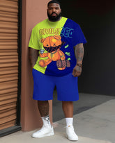 Men's Large Size Street Color Block Cartoon Bear Graffiti Short Sleeve Shorts Set