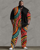 Men's Plus Size Tribal Totem Print Patchwork Long Sleeve Shirt Trousers Suit