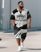 Men's Penitentiary Shadow Graffiti Lettering Short Big and Tall Sleeve Polo Shirt Shorts Set