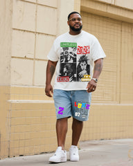 Big & Tall Men's Fashion Street Short Sleeve T-Shirt Shorts Denim Suit