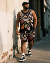 Big & Tall Men's Black Vintage Luxury Chain Printed Vest Shorts Suit