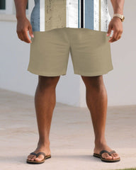 Men's Plus Size Khaki & Blue Skinny Print Short Sleeve Shirt Shorts Suit