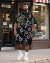 Big & Tall Men's Black Retro Luxury Chain Printed Round Neck Short Sleeve T-Shirt Shorts Suit