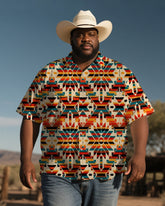 Men's Plus Size Western Style Diamond Color Strip Print Short Sleeve Shirt