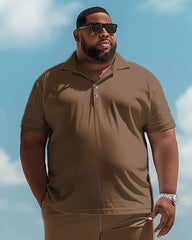 All-Match Solid Color Brown Polo Shirt Shorts Suit Men's Plus Size