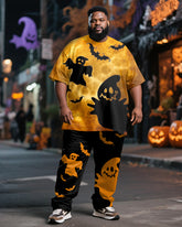 Big & Tall Men's Halloween Yellow Black Color Contrast Ghost Bat Pumpkin Print T-Shirt Trousers Suit