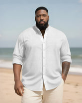 Big & Tall Men's Daily Solid Color Bamboo Hemp Texture Stand Collar Long Sleeve Shirt
