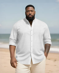 Big & Tall Men's Daily Solid Color Bamboo Hemp Texture Stand Collar Long Sleeve Shirt