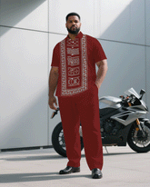 Big & Tall Men's Business Red & Grey Retro Pattern Symmetrical Printed Short Sleeve Shirt Pants Suit