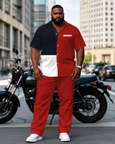 Men's Plus Size Red Color Matching Chest Pocket Short Sleeve Shirt Trousers Suit