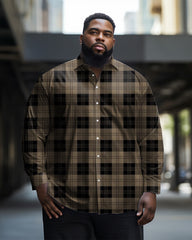 Men's Large Size Business Casual Brown Plaid Lapel Long Sleeve Shirt