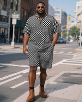 Men's Plus Size Business Houndstooth Checkerboard Printed Short Sleeve Polo Shirt Shorts Suit