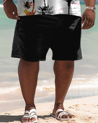Men's Plus Size Hawaiian Graffiti Coconut Tree Print Polo Shorts Set