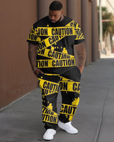 Men's Big & Tall Cartoon Full Body Printed CAUTION Short-sleeved T-shirts Trousers Two-piece Set