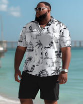 Hawaiian Simple Coconut Tree Pattern Polo Shorts Men's Big & Tall Set