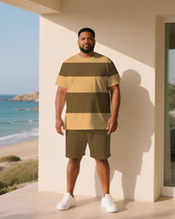 Big & Tall Men Khaki Thick Stripe Crewneck Short Sleeve T-Shirt Shorts Suit