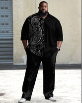 Big Guys Vintage Cashew Pattern Stitching Long Sleeve Lapel Shirt 2-piece Set