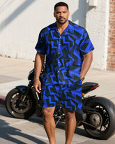 Men's Plus Size Blue Irregular Geometric Print Short Sleeve Shirt Shorts Suit