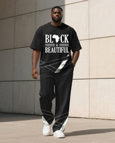 Men's Plus Size Black Color-block Geometric Stripe Alphabet Print T-shirt Trousers Suit