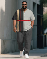 Men's Plus Size Light Gray Black Colorblock Stripe Print Henry Collar T-Shirt Trousers Suit