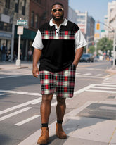 Big & Tall Men's Business Black And Red Color Block Plaid Printed Short Sleeve Polo Shirt Shorts Suit