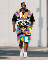 Big Guy's Casual Artistic Geometric Bear Cartoon Printed Short-Sleeve Polo Shirt & Shorts Set