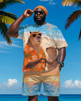 Men's Plus Size Hawaiian Orange Capybara Love Print Short Sleeve T-Shirt Shorts Suit
