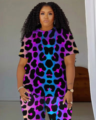 Women's Plus Size Gradient Leopard Print T-Shirt and Trousers Suit