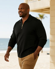 Big & Tall Men's Business Solid Color Long Sleeve Zipper Polo Shirt