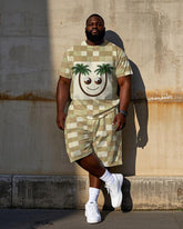 Big Men's Fashion Yellow Plaid Smiley face Coconut Tree Printed Short Sleeve T-shirt Shorts Set