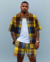 Big Men's Retro Fashion Yellow Plaid Printed Pocket Short Sleeve Shirt and Shorts Set