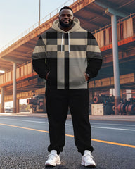 Men's Casual Khaki Plaid Striped Print Plus Size Hoodie Suit