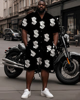 Big Man's Street Biker Style White Dollar Print Black Short Sleeve Shirt Shorts Suit